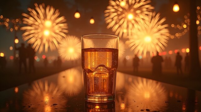 Enjoy a sparkling drink under fireworks at night celebrating diwali or deepavali.