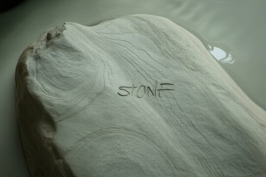 Stone inscription in calm water creates serene and contemplative mood for creative projects, perfect for nature, zen, or mindfulness themes