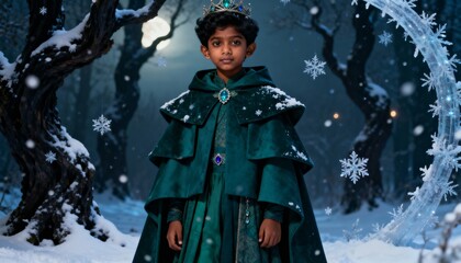 Young boy in ornate green cloak and crown standing in a snowy, magical forest at night