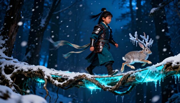 Young warrior with a magical rabbit in a snowy forest with glowing trees