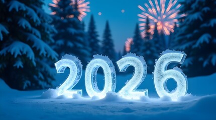 Sparkling 2026 new year design with snowy forest and fireworks, perfect for elegant winter, theme new year