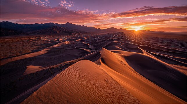 Abstract Landscape Sunset Over Cubic Terrain with Orange and Purple Hues