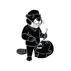 Beaver Dentist Treating Patient Silhouette In Clinic On White Background Vector Illustration