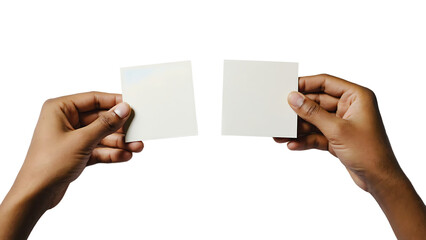 Two hands hold blank sticky notes isolated on transparent background, ready for a message or reminder to be written down