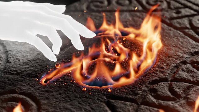 In a serene and mystical location, a hand gracefully draws fire symbols on an ancient stone. The flames flicker and dance, illuminating intricate designs etched into the surface.