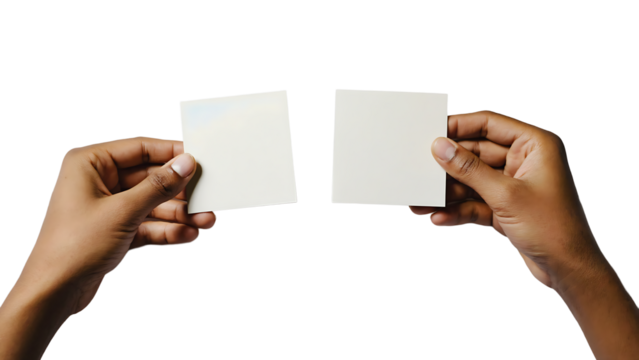 Two hands hold blank sticky notes isolated on transparent background, ready for a message or reminder to be written down