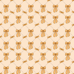 Golden seamless vector pattern with decorative ribbons and cute candies. Perfect for fabric designs, seamless backgrounds.