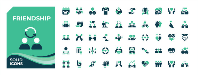 Friendship colorful solid icon set. Pack of partner, solidarity, trust, partnership, together and more. Minimal filled icons. Partner icon set. Editable stroke collections.