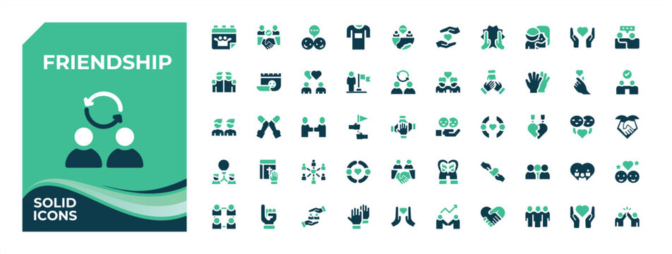 Friendship colorful solid icon set. Pack of partner, solidarity, trust, partnership, together and more. Minimal filled icons. Partner icon set. Editable stroke collections.