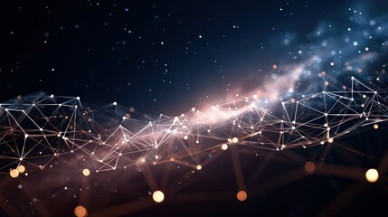 Abstract Golden Node Network on Dark Background with Interconnected Lines and Nodes Forming a Glowing Web