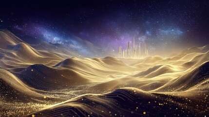 Abstract Golden Nodes Forming Undulating Landscape with City Silhouette and Starry Sky at Night