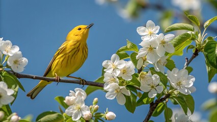Fototapeta premium Vibrant yellow warbler perched gracefully on a blossoming branch, its plumage contrasting beautifully with the delicate white flowers against a clear blue sky