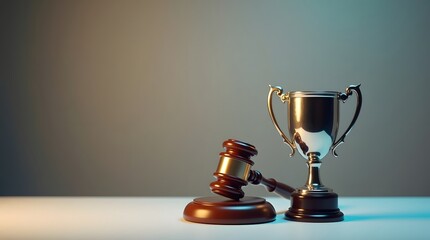 Elegant trophy and gavel symbolize legal victory and achievement in a courtroom setting