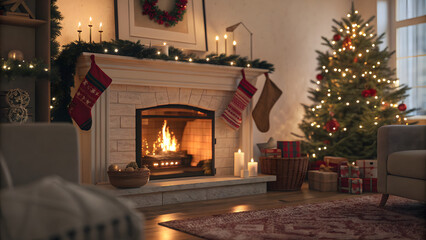 Cozy Christmas Living Room Interior with Lit Fireplace, Tree, and Stockings