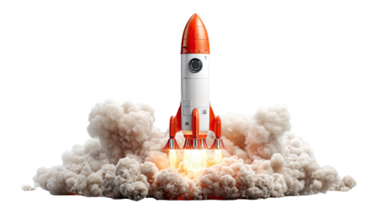 Rocket Launch: A vibrant rocket ascends through a cloud of smoke, symbolizing progress, innovation, and reaching for the stars. The dynamic scene suggests a journey of exploration and discovery.