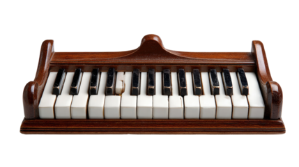 Miniature Wooden Piano: This image features a beautifully crafted miniature wooden piano with keys. It invites the viewer to reflect on the art of music and the joy of melody. 