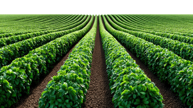 Lines of Lushness: A rhythmic row of verdant crops, stretching toward the horizon, represents the promise of agricultural abundance and environmental beauty.