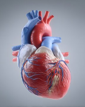 Detailed anatomical human heart model shown with vessels and muscular surface in medical educational visualization