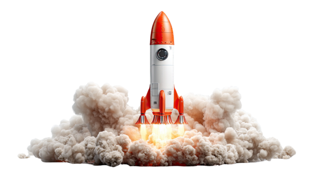 Rocket Launch: A vibrant rocket ascends through a cloud of smoke, symbolizing progress, innovation, and reaching for the stars. The dynamic scene suggests a journey of exploration and discovery.