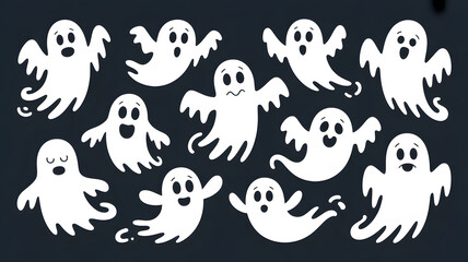 A playful collection of ten white cartoon ghosts with black eyes and mouths on a dark background for halloween