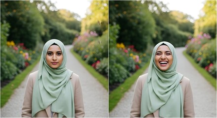 A young woman wearing a light green hijab and beige coat standing on a lush garden pathway with vibrant flowers and greenery in the background