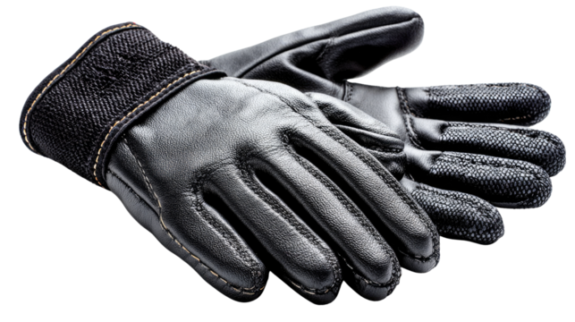 Protective Leather Gloves: A detailed shot of durable black leather work gloves, crafted for strength, grip, and safeguarding the hands in demanding tasks.