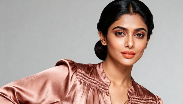 Portrait of a beautiful indian woman with makeup and elegant hairstyle, studio shot - Powered by Adobe