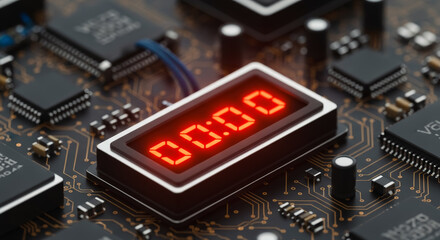 A detailed view of a digital countdown timer, displaying the time as 00:00, prominently featured on a complex circuit board.