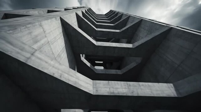 Architectural Marvel: Concrete Structure Ascending Towards the Cloudy Sky in Black and White