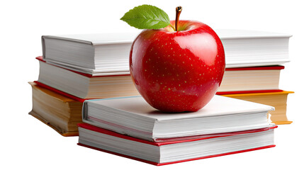 Knowledge at the Core: A vibrant red apple, symbolizing learning and knowledge, rests atop a stack of crisp, clean books, illustrating the essence of education and the pursuit of wisdom.