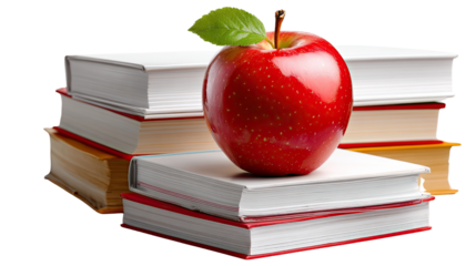 Knowledge at the Core: A vibrant red apple, symbolizing learning and knowledge, rests atop a stack of crisp, clean books, illustrating the essence of education and the pursuit of wisdom.