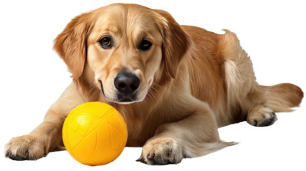 Golden Retriever and Playful Ball: A beautiful golden retriever lies contentedly, with a bright yellow ball. A scene of pure joy and companionship.