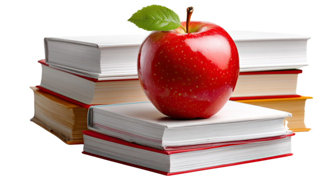 Knowledge at the Core: A vibrant red apple, symbolizing learning and knowledge, rests atop a stack of crisp, clean books, illustrating the essence of education and the pursuit of wisdom.