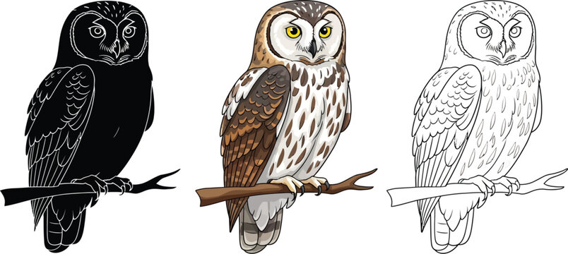 Three depictions of a shorteared owl perched a branch, owl is shown in color, silhouette, and line art