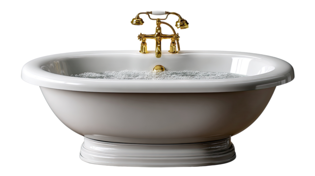 Elegant Bathtub with Bubbles: A luxurious, white bathtub filled with frothy bubbles, enhanced by opulent gold fixtures, evoking relaxation and tranquility. 