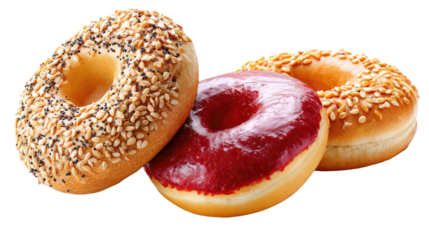 Donut Temptation: Captivating close-up of three delicious donuts, one with shiny red glaze, another generously sprinkled with sesame seeds, inviting the viewer into a world of delectable treats. 