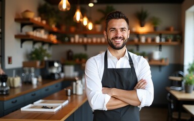 smiiling confident male man coffeeshop cafe owner man wear apron uniform standing in his small coffeeshop bright and clean design daylight business entrepreneur concept. High quality