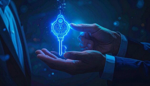 Glowing digital key above hand in suit, dark tech background.