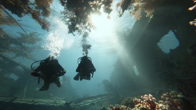 Underwater Exploration: Two divers explore the depths of the ocean, their silhouettes contrasting against the sunlit waters, discovering the secrets that the deep sea holds. 