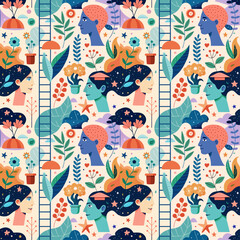 Obraz premium Ladders, Male & Female Head Profiles — Minimal Mental Health Progress Illustration with Plants and Stars
