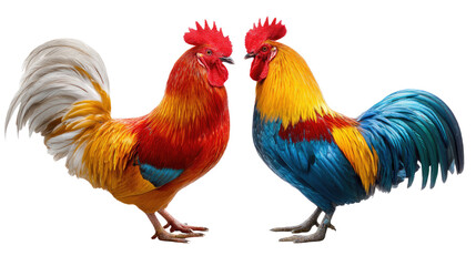 Fototapeta premium Colorful Roosters' Confrontation: Two majestic roosters stand facing each other, showcasing their vibrant plumage and confident stances, a symbol of rural elegance and farm life.