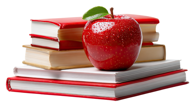 Stacked Learning: A stack of knowledge, books and a fresh red apple, capturing the essence of education and intellectual pursuit.