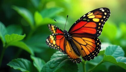 Fototapeta premium Nature s Canvas Vibrant butterfly wings, intricate patterns, macro detail, dew drops, soft bokeh, lush green background. Extreme macro photograph of vibrant, intricately patterned butterfly wings with