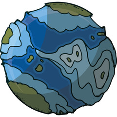 Stylized Planet With Blue Water And Green Landmasses And Contour Lines On A Transparent Background