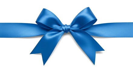A symmetrical blue satin bow, precisely tied, resting on a clean, white background.