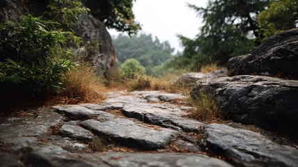 A stone path winds through a natural rocky landscape under an overcast sky