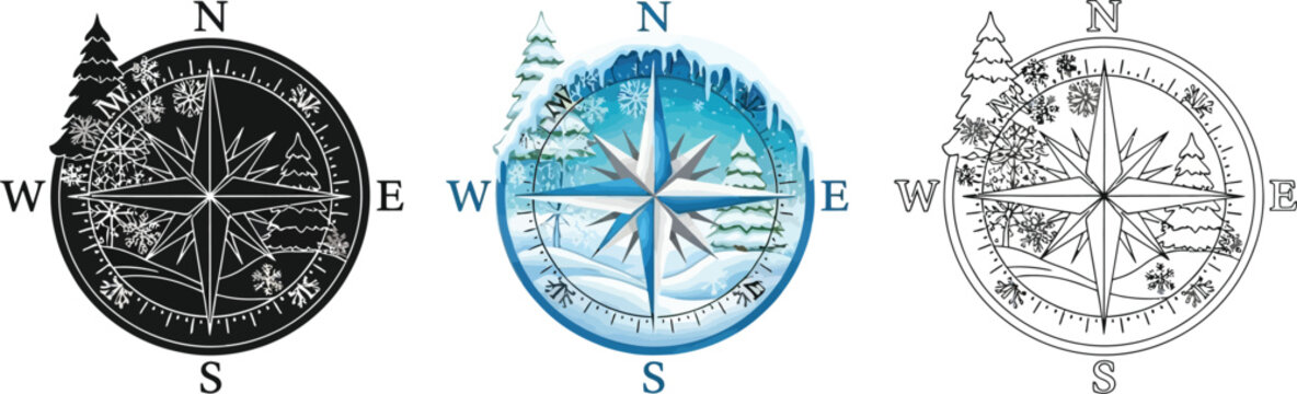 Three compasses with a tree inside, in black, blue and colors, for travel and adventure themes