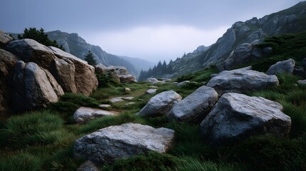 Misty mountain pass with a rocky trail winding through boulders under an overcast sky