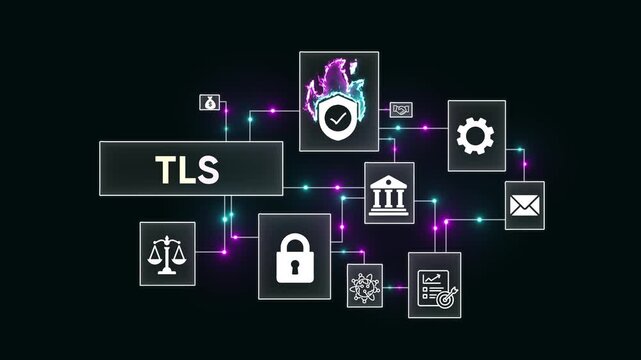 TLS security and network connection diagram with icons Keywords: TLS, security, network, connection, diagram, technology, data, protection, encryption, firewall, shield, lock, scale, law