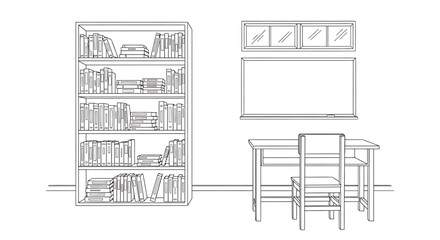Classroom Interior with Bookshelf, Desk, Chair, Whiteboard, and Cabinets.
